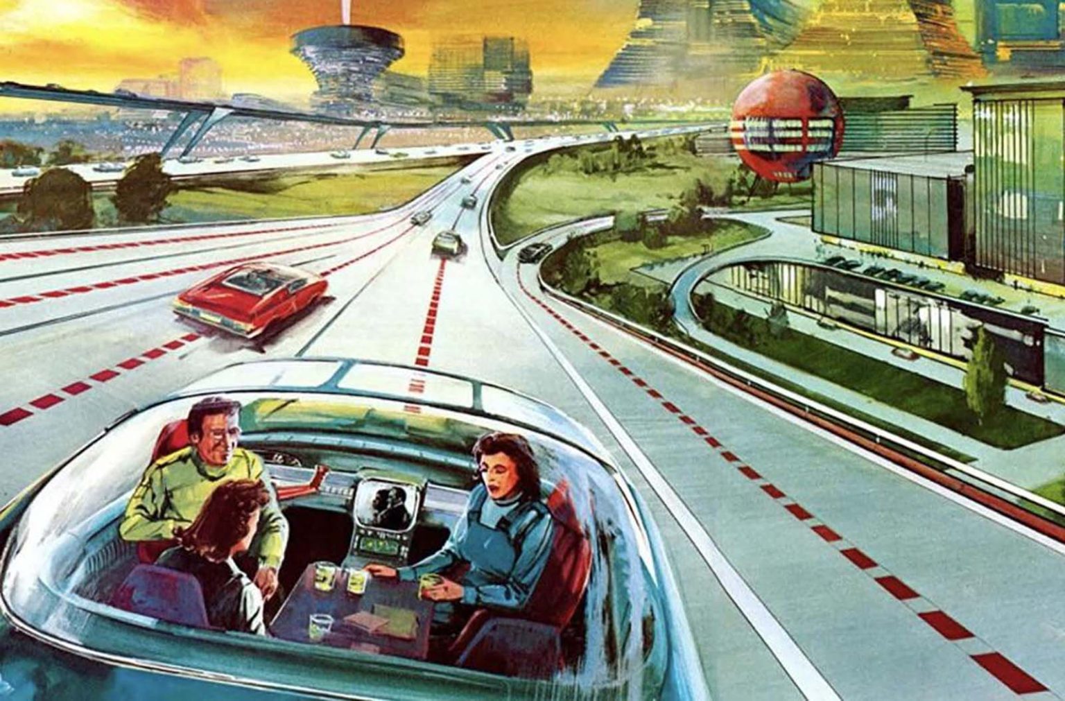 Carros flutuantes correndo pelas estradas em meio a uma cidade retrofuturista